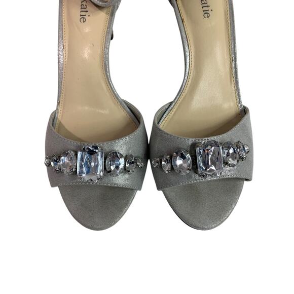 Size 7.5 Kelly & Katie Silver Bejeweled Ankle Strap 3 Inch Heels - Picture 8 of 11